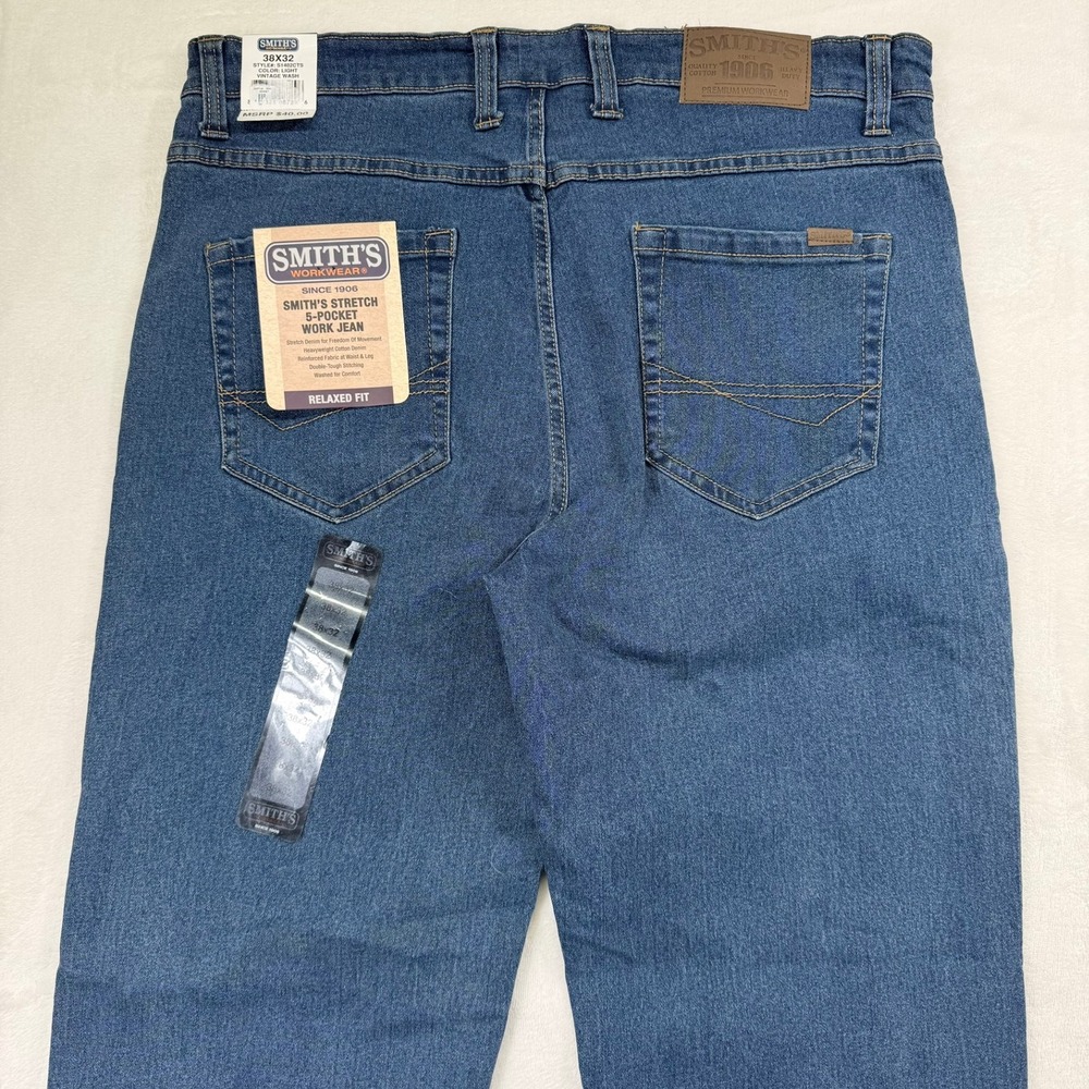 Smiths Workwear Mens Relaxed Fit Stretch Work Jeans Light Vintage Wash 38x32 - Picture 4 of 12